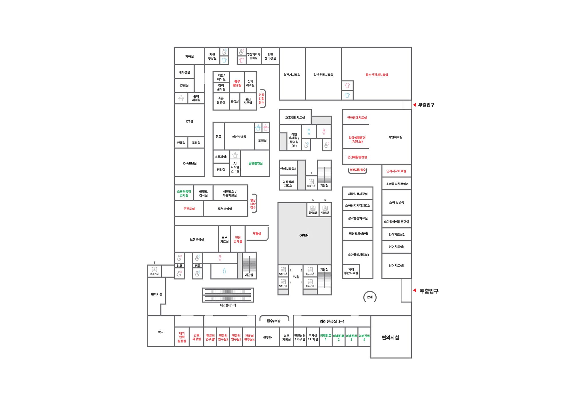2층은 부출입구를 중심으로 좌측에는 공공재활운영단 공간, 정면에는 재활검진부 공간, 우측에는 외래재활치료실 공간이 있습니다. 에스컬레이터를 중심으로 시계방향으로 창고 및 장애인 화장실, 일반화장실, 계단실, 보행분석실, 뇌신경유발검사실,진단검사실,채혈실, 근전도실, 로봇보행실, 요류역동학 검사실, 골밀도 검사실, 심전도실, 건강검진 접수, C-ARM실, 판독실, 조정실, 준비세척실, 내시경실, 회복실, 채혈채뇨실, 화장실,  CT실, 초음파실, 체외충격파실, 일반촬영실,  MR기계실, MRI실. 조정실, 유방촬영실, 조정실, 판독실, 청력검사실, 신체계측실, 흉부촬영실, 간호사실, 진단검사접수 공간이 있습니다. 엘리베이터를 중심으로 반시계방향으로는 편의시설, 약국, 상담실지원부장실, 상담실, 전문의 연구실, 의원상담/의무실, 접수/수납, 원무과, 의무기록실, 외래진료실(치과진료실, 주사실/처치실), 다목적실, 안내데스크, 부출입구, 소아작업치료실, 임상심리치료실, 언어치료실, 부종치료실, 직원휴게실, 심폐재활치료실, 인지지각치료실, 작업치료실(운전재활치료실, 일상생활훈련실, 연하장애치료실), 외래재활접수, 취형실, 소아물리치료실, 회의실, 감각통합치료실, 언어치료실, 진료부장실(가족상담실), 계단실, EV홀, 환자전용엘리베이터, 일반전용엘리베이터, 직원전용엘리베이터, 계단실, 화물전용 엘리베이터, CE실, 부인과 검사실, 회의실, FES실, 부출입구, 중추신경계치료실, 일반운동치료실, 열·전기치료실, 간호부장실(상담실), 진료실이 있습니다.